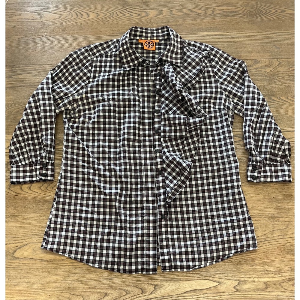 Tory Burch Womens 10 Plaid Button Up Shirt 3/4 Sleeve Black White Red Ruffle